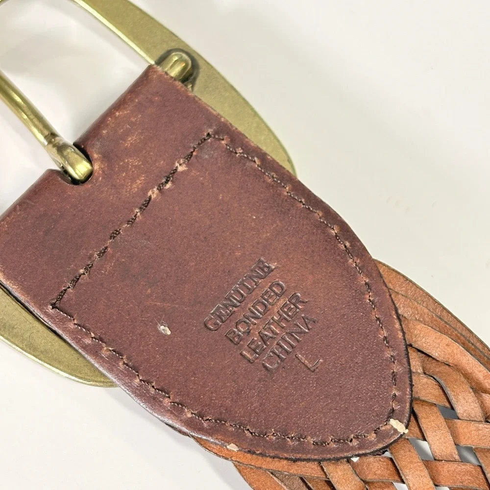 Womens Brown Braided Woven Leather Belt Large Brass Buckle Boho Western Classic